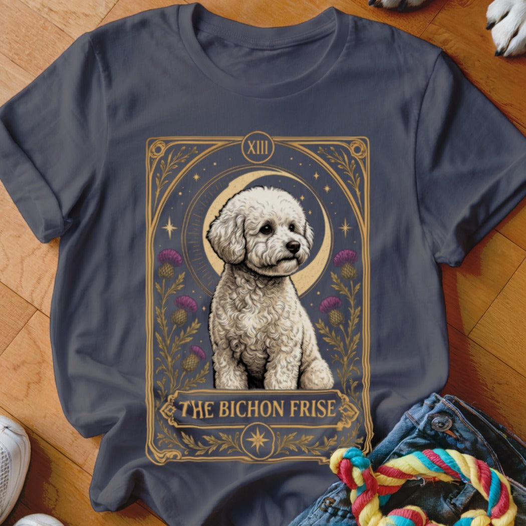 Dark grey crewneck t-shirt featuring a tarot card style graphic of a Bichon Frise.