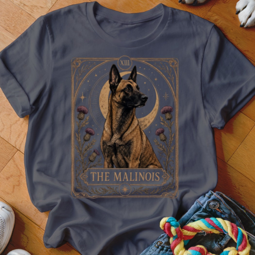 T-shirt graphic featuring a Malinois dog in a tarot card design.