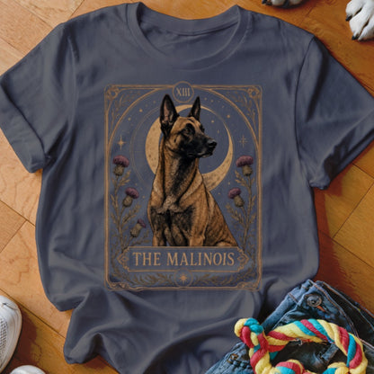 T-shirt graphic featuring a Malinois dog in a tarot card design.