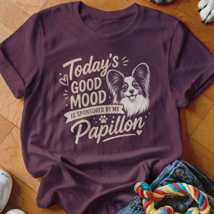 Maroon t-shirt with "Today's Good Mood is Sponsored by My Papillon" and dog graphic.