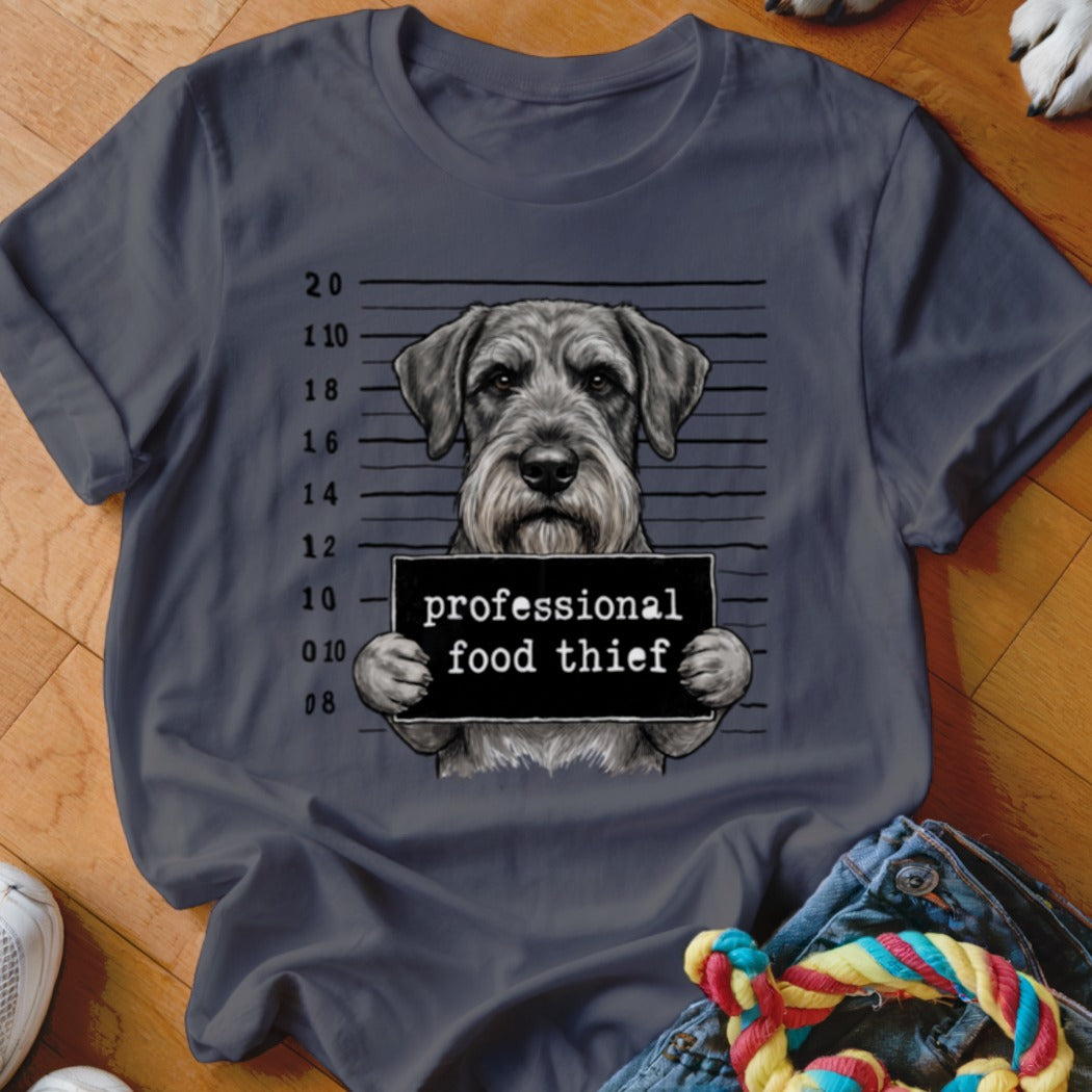 Grey t-shirt with a Schnauzer mugshot graphic reading "professional food thief."