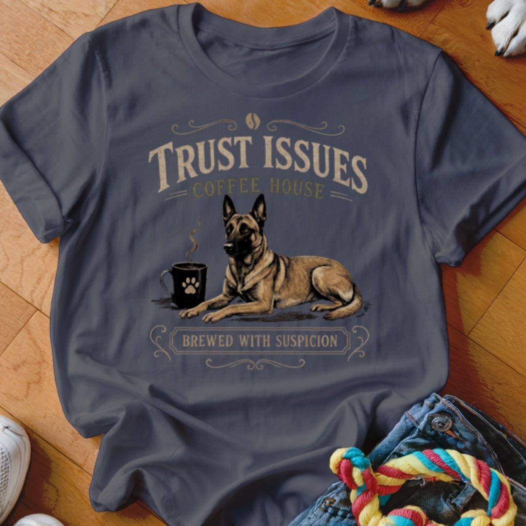 T-shirt graphic with text "Trust Issues Coffee House" and a dog next to a coffee mug.