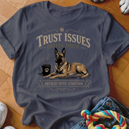 T-shirt graphic with text "Trust Issues Coffee House" and a dog next to a coffee mug.
