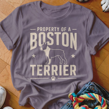 T-shirt with "Property of a Boston Terrier" text and dog outline.