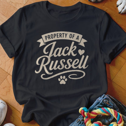 Black t-shirt with "Property of a Jack Russell" text and paw print.