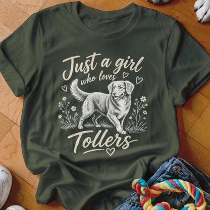 Green t-shirt with "Just a girl who loves Tollers" and a dog illustration.