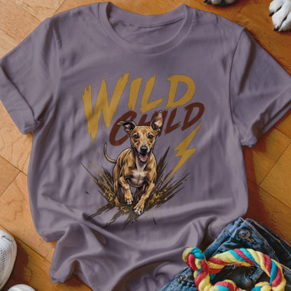 Purple t-shirt featuring a graphic of a running dog and the text Wild Child.