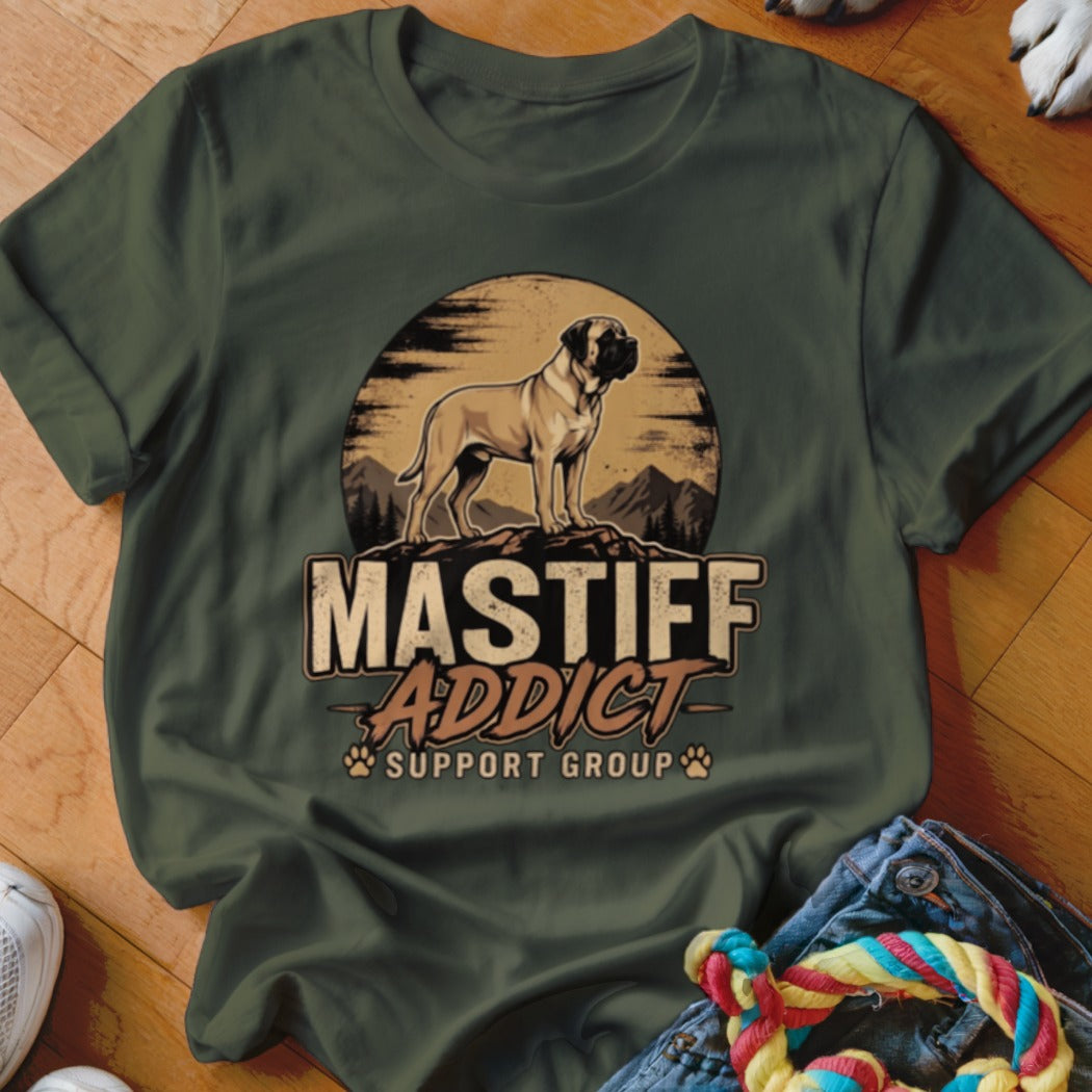 Dark green t-shirt featuring a graphic of a mastiff on a mountain with the text Mastiff Addict Support Group.