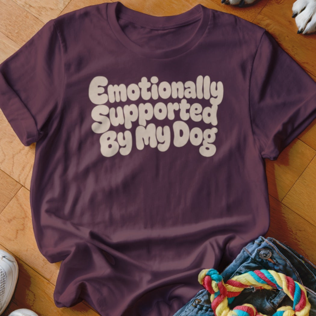 Maroon t-shirt with white text "Emotionally Supported By My Dog".