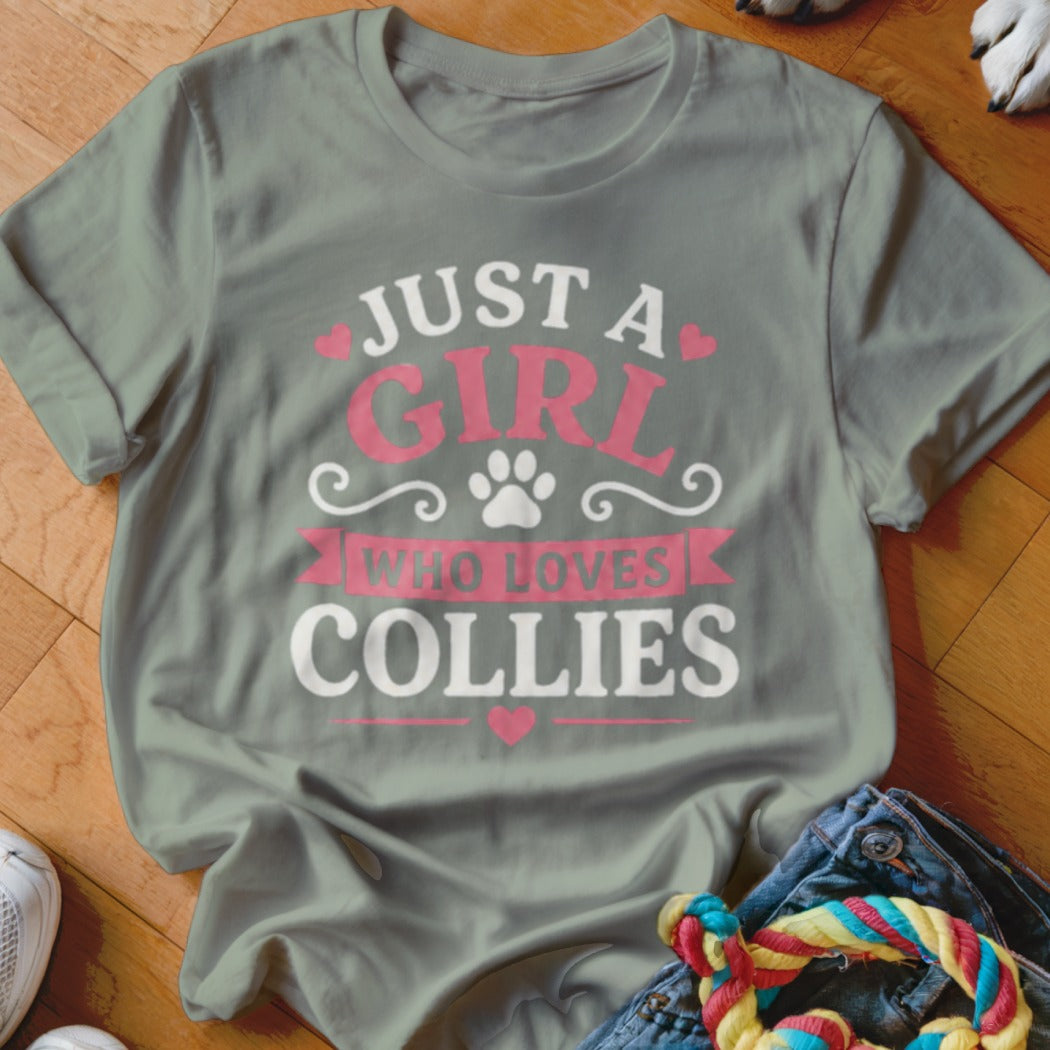 Grey t-shirt with text "Just A Girl Who Loves Collies" and paw print.
