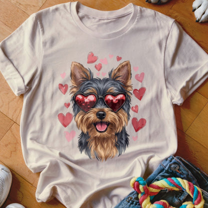 Beige t-shirt featuring a graphic of a Yorkshire Terrier wearing heart-shaped sunglasses surrounded by pink hearts.