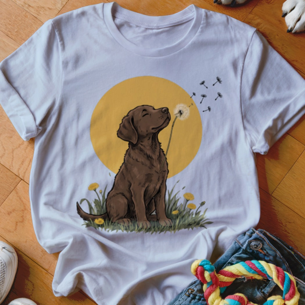 A white t-shirt featuring a graphic of a brown dog blowing dandelion seeds against a yellow circle background.