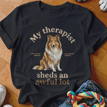 Black t-shirt with a Collie dog illustration and text "My therapist sheds an awful lot".