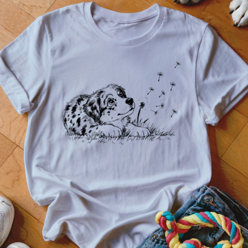 A white crewneck t-shirt featuring a black line drawing of a spotted puppy looking up at floating dandelion seeds.