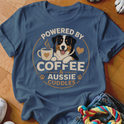 Aussie dog with coffee cup; "Powered by coffee & Aussie cuddles" text.