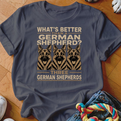 T-shirt graphic with three German Shepherd heads and text "What's better than a German Shepherd? Three German Shepherds."