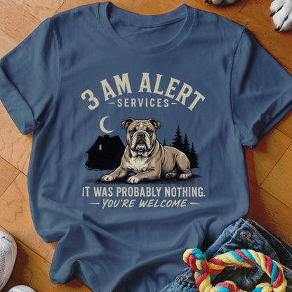 Bulldog lying down with text "3 AM ALERT SERVICES" and "IT WAS PROBABLY NOTHING. -YOU'RE WELCOME-"