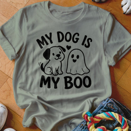 Light gray t-shirt with "MY DOG IS MY BOO" text, a dog, and a ghost graphic.