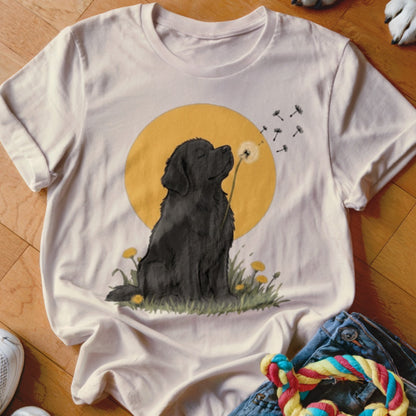 Beige t-shirt featuring a graphic of a black dog blowing dandelion seeds against a yellow circle.