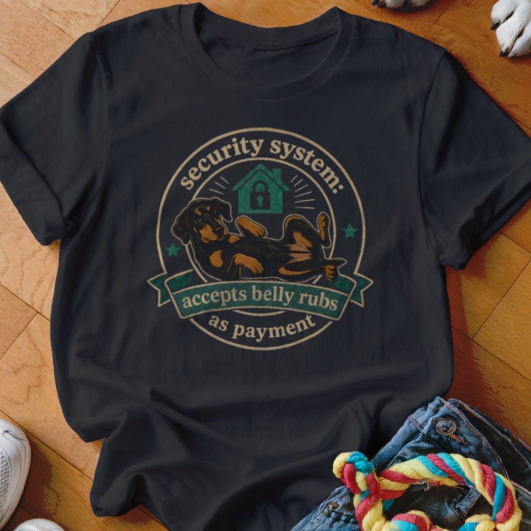 Black t-shirt with a dachshund graphic and text "security system: accepts belly rubs as payment".
