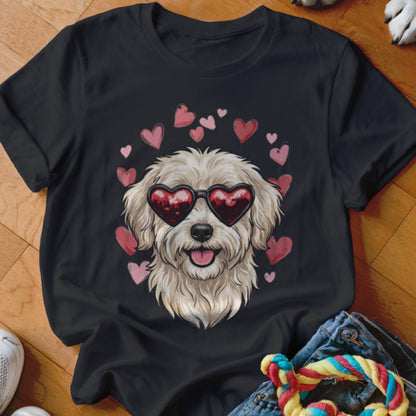 Black crewneck t-shirt featuring a graphic of a fluffy white dog wearing heart-shaped sunglasses surrounded by pink hearts.