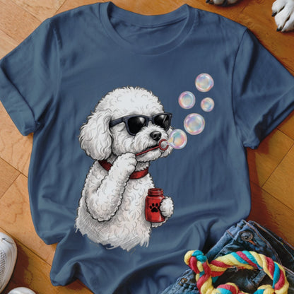 Navy blue t-shirt featuring a graphic of a white poodle wearing sunglasses and blowing bubbles.