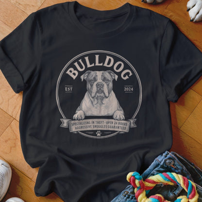 Black t-shirt with a bulldog graphic and text: Bulldog, Est 2024, Specializing in theft.