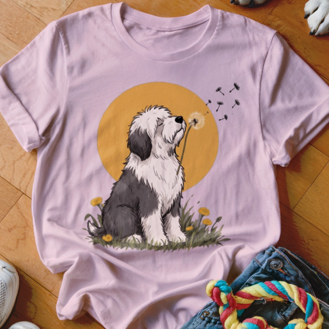 A light pink t-shirt featuring an illustration of an Old English Sheepdog blowing dandelion seeds.