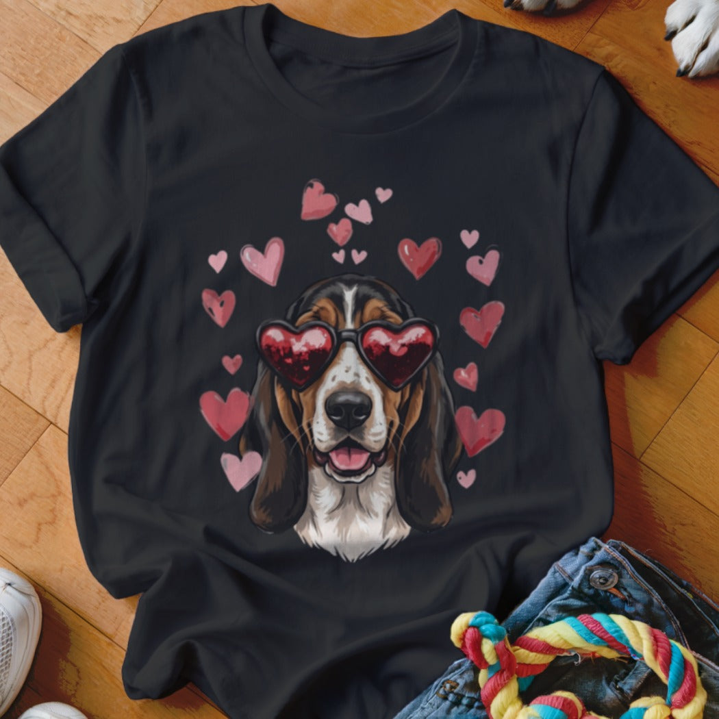Black t-shirt featuring a basset hound wearing heart-shaped sunglasses, surrounded by pink hearts.