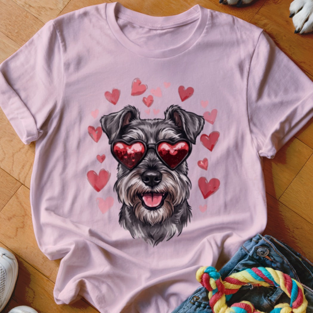 A light pink t-shirt featuring an illustration of a schnauzer wearing heart-shaped sunglasses surrounded by pink hearts.