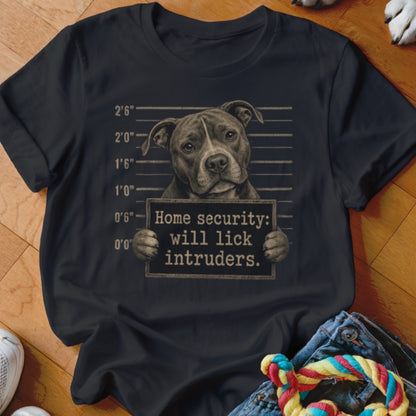 Pit bull with sign "Home security: will lick intruders."