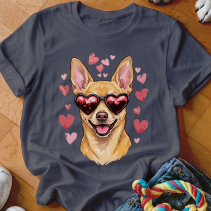 Dark grey t-shirt featuring a graphic of a smiling Chihuahua wearing heart-shaped sunglasses surrounded by floating pink hearts.
