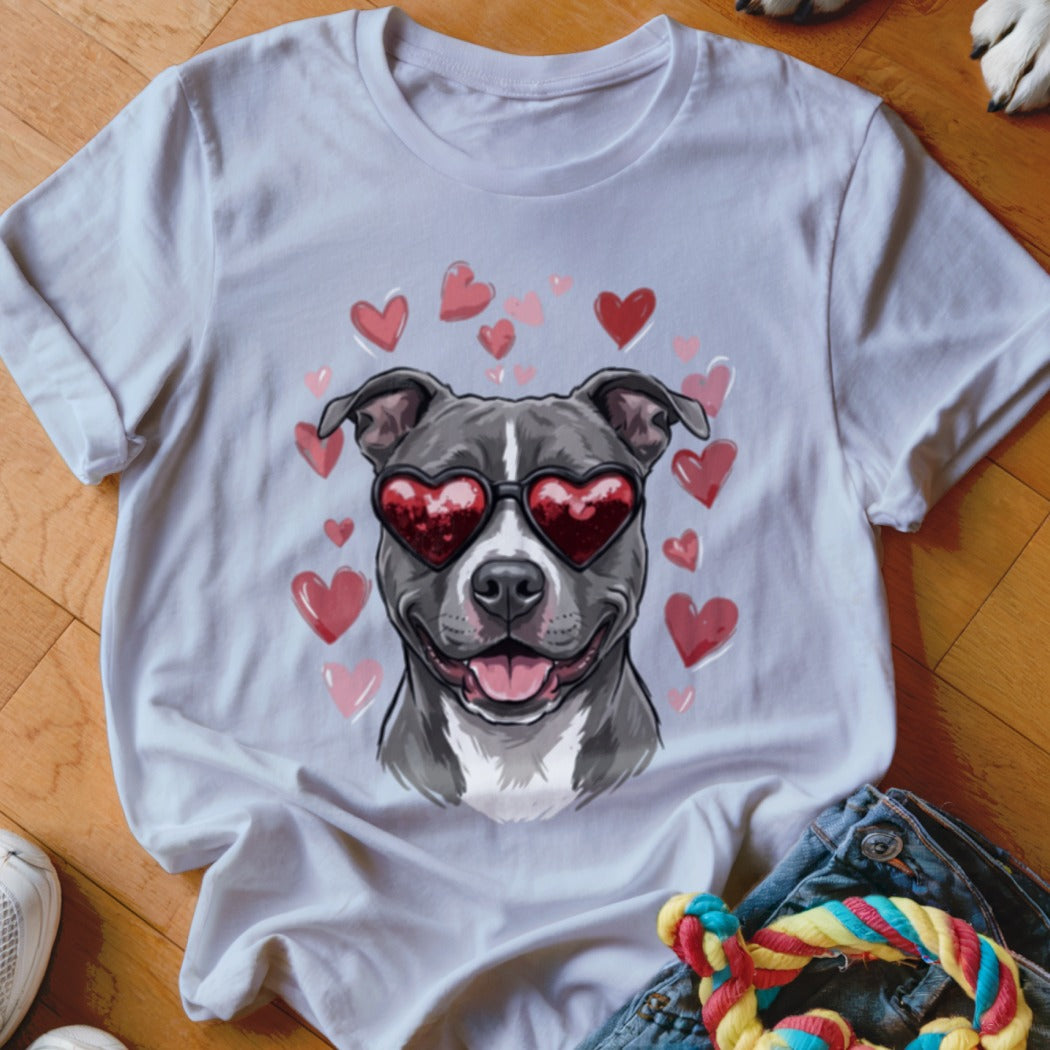 White t-shirt featuring an illustrated gray dog wearing heart-shaped sunglasses, surrounded by pink hearts.