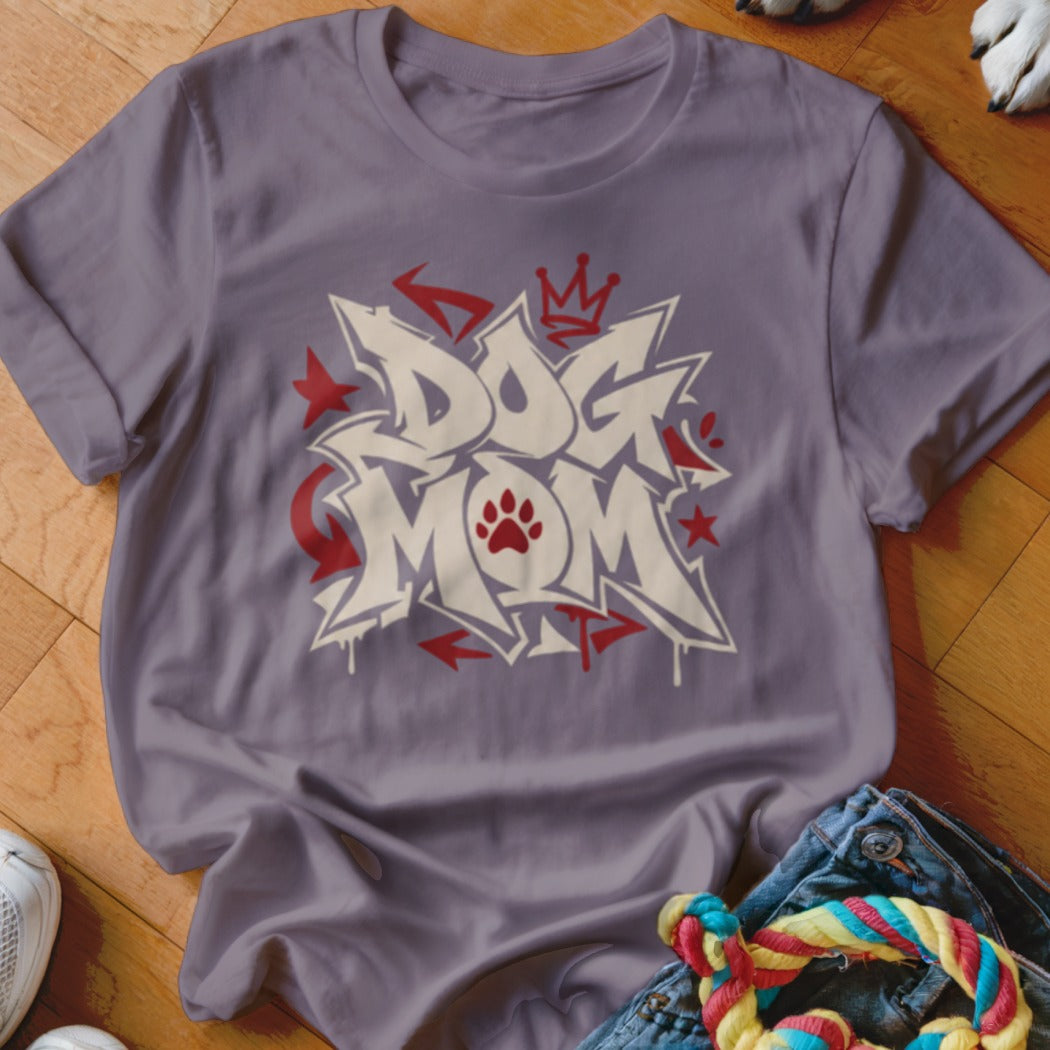 Purple t-shirt with "Dog Mom" graffiti design and paw print.