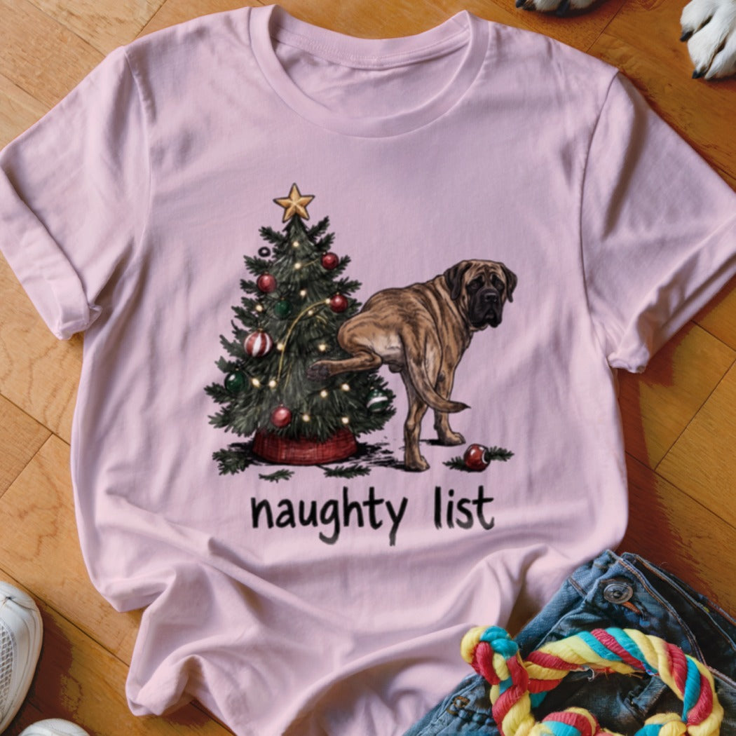 Mastiff dog pees on Christmas tree with "naughty list" text.