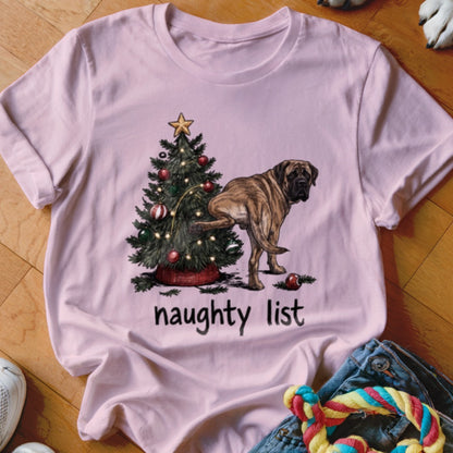 Mastiff dog pees on Christmas tree with "naughty list" text.