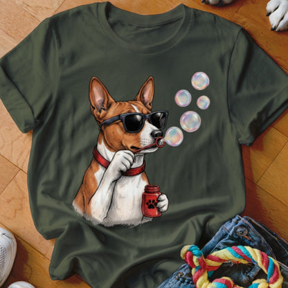 Dark green crewneck t-shirt featuring a graphic of a dog wearing sunglasses and blowing soap bubbles.