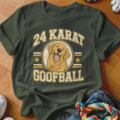 Dark green t-shirt featuring a cartoon golden retriever graphic with the text 24 Karat Goofball.