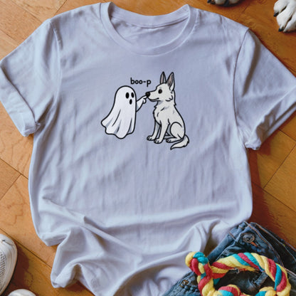 White t-shirt with ghost booping a dog with text "boo-p".