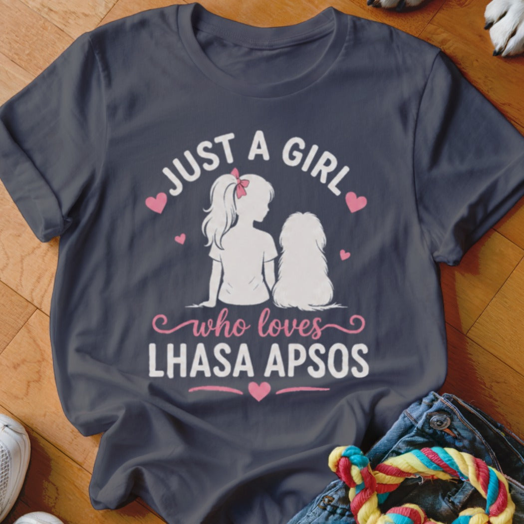 Dark t-shirt with graphic "Just a girl who loves Lhasa Apsos" and dog silhouette.