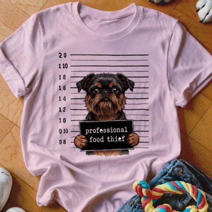 Illustration of a Brussels Griffon dog holding a "professional food thief" sign with a height chart.