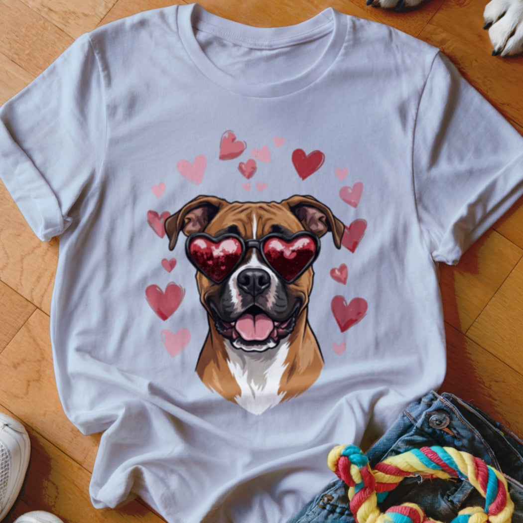 A white short-sleeved t-shirt featuring a graphic of a brown boxer dog wearing heart-shaped sunglasses, surrounded by pink and red hearts.