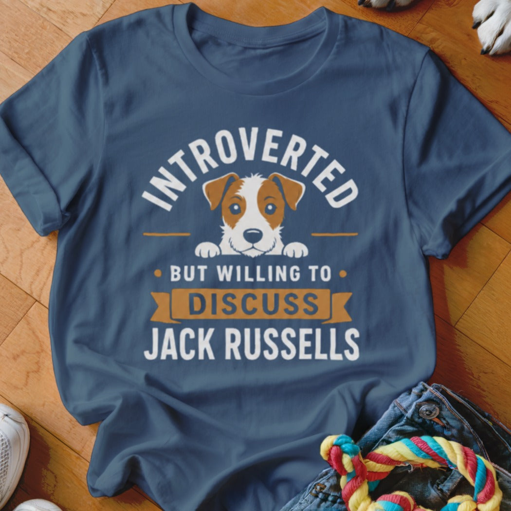 T-shirt with dog graphic and text "Introverted But Willing to Discuss Jack Russells".