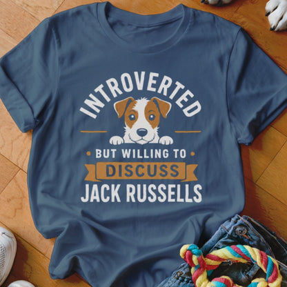 T-shirt with dog graphic and text "Introverted But Willing to Discuss Jack Russells".