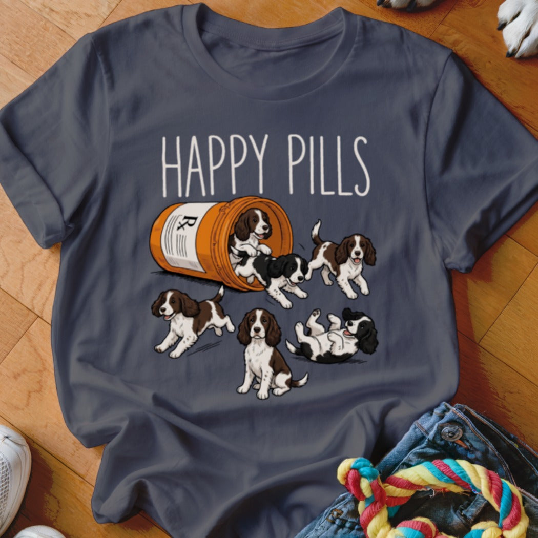 T-shirt graphic with "HAPPY PILLS" text and a prescription bottle spilling out Springer Spaniel puppies.