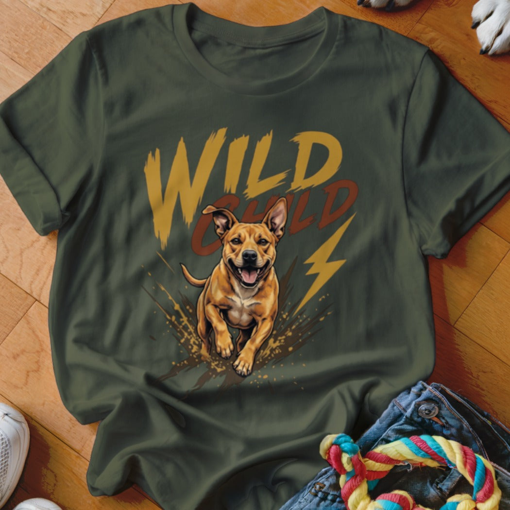 Dark green crewneck t-shirt featuring a graphic of a running dog, mud splatters, lightning bolt, and text reading WILD CHILD.