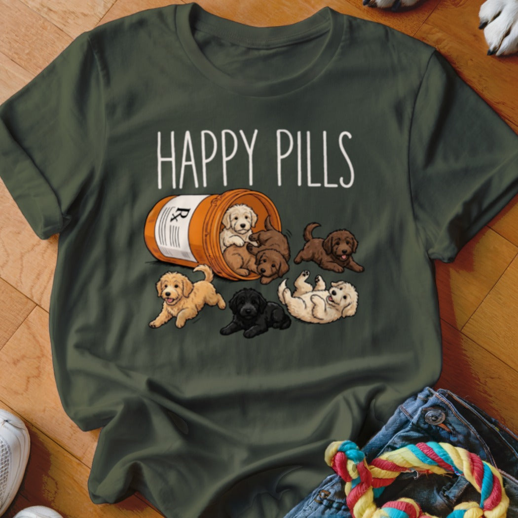 Green t-shirt with "HAPPY PILLS" text and puppies spilling from a pill bottle.