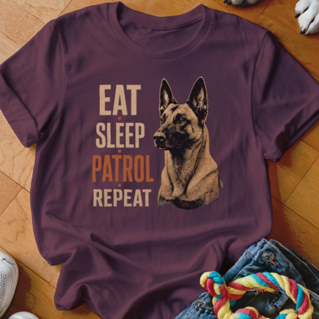 Maroon t-shirt with "Eat Sleep Patrol Repeat" text and a Belgian Malinois dog graphic.