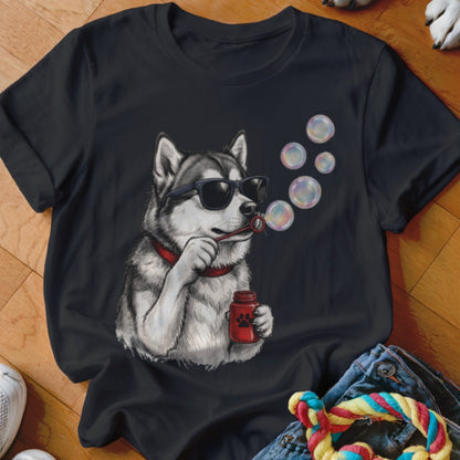 A black short-sleeved t-shirt features a graphic of a husky wearing sunglasses and blowing bubbles.