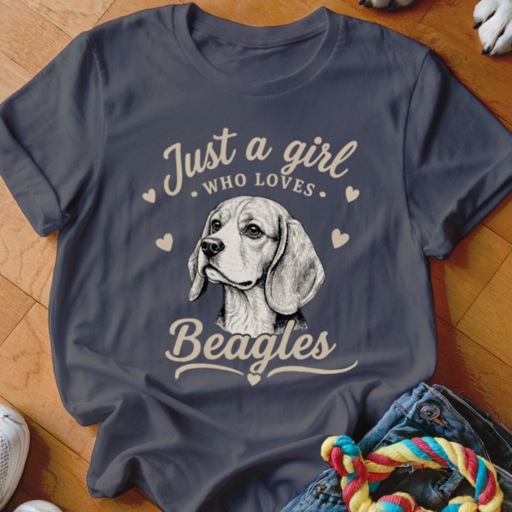 A dark gray t-shirt featuring a beagle graphic with the text Just a girl who loves Beagles.